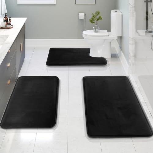 Clara Clark 3 Piece Bathroom Rugs Bath Mat Set, Velvet Memory Foam Bath Mats for Bathroom - Non-Slip, PVC Backing Bath Rugs, Washable - Dries Quickly, Black - color: Black