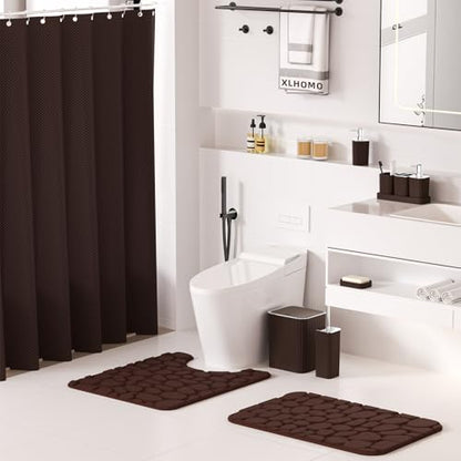 XLHOMO Bathroom Accessories Set - 25PC Brown Bathroom Sets with Shower Curtain and Rugs, Bathroom Accessory Set, Brown Shower Curtain Set, Trash Can, Qtip Holder Dispenser & Soap Dispenser - size: Bath Set+Shower Curtain+Rugs, style: Brown&Silver