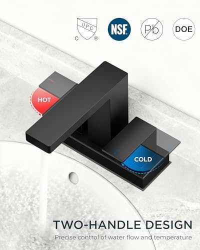 QFN 4 Inch Centerset Bathroom Faucet 2 or 3 Hole Two Handles Matte Black | Bathroom Sink Faucet Square with Pop-up Drain and 24" cUPC Supply Lines, Lead-Free for RV Vanity Laundry Farmhouse Sink - color: Matte Black, style: Centerset