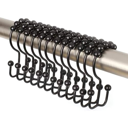 2lbDepot Double Shower Curtain Hooks Rings (Matte Black Decorative Finish) Premium Rust Resistant Stainless Steel Metal Hook, Roller Balls Glide on Shower Rods, Set of 12 Pieces - color: Black