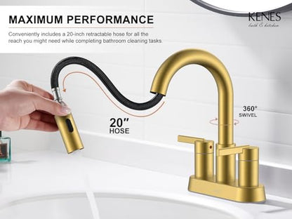 Brushed Gold Centerset 2 Handle Bathroom Faucet with Pull Out Sprayer | Pull Down Bathroom Faucet with Pop Up Drain & Supply Lines, Lead-Free cUPC & NSF Certified, 3 Hole Faucet for Vanity RV Bar - color: Brushed Gold