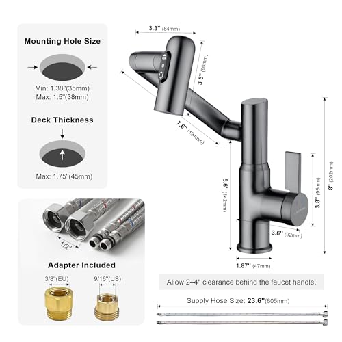 Rotatable Bathroom Faucet with Temperature Display in Fahrenheit (Batteries-Free), 3 Water Modes, Dark Grey, BF2204-2 - color: Gray