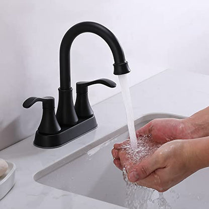 Lead-Free Antique 2 Handle Bathroom Sink Faucet, 360° Swivel High-Arc Spout 4-Inch Centerset Lavatory Vanity Faucets Set with Drain & Water Hoses, Matte Black