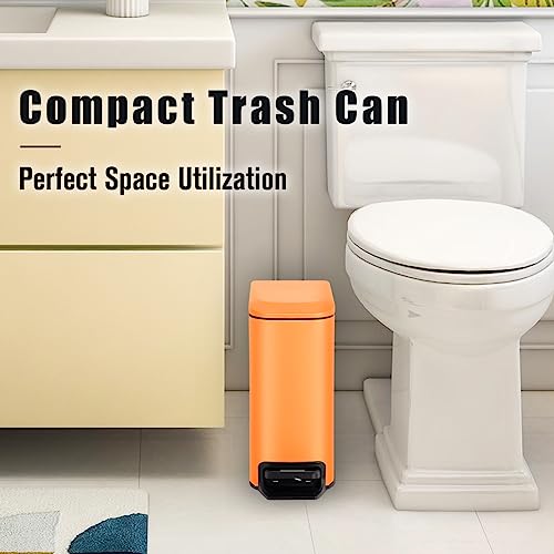 Cesun Small Bathroom Trash Can with Lid, 1.6 Gal, Soft Close, Matte Orange | Step pedal soft close, Slim 5.9in fits narrow spaces, Stainless steel, Anti-fingerprint, Removable inner bucket, Odor seal - color: Matt Orange