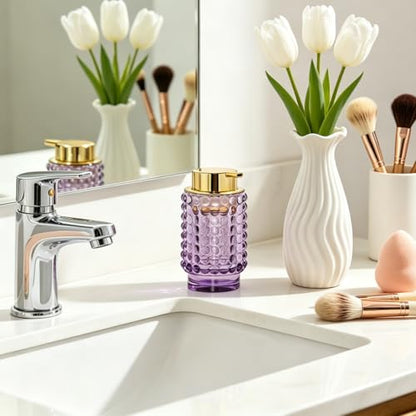 Glass Foaming Soap Dispenser, Purple Foam Hand Soap Dispenser, Bathroom 12 Oz Large Bottle with Gold Pump, Refillable Lotion Pump Container for Bathroom, Kitchen,Hand Soap, Dish Soap, Shampoo - color: Purple