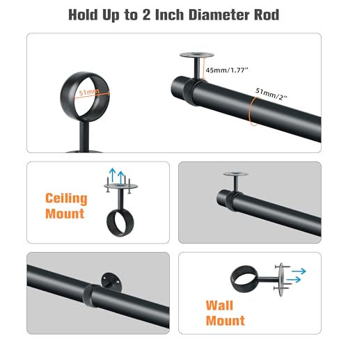 Alise Curtain Rod Holder Bracket 2''Dia,Closet Rod Holders Wall Mount,4Pcs | Ceiling Mounted Curtain Rod Flange Brackets,Ceiling Curtain Rod Brackets,for Bathroom Curtain,Stainless Steel,Black Finish - color: Matte Black, size: 51mm/2-Inch Dia.