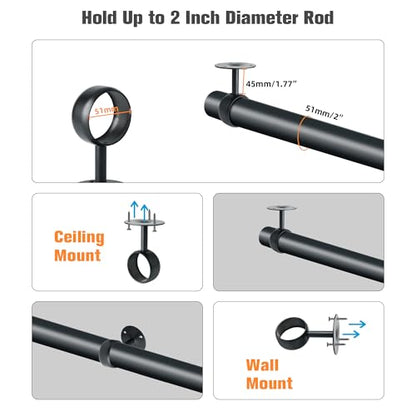 Alise Curtain Rod Holder Bracket 2''Dia,Closet Rod Holders Wall Mount,4Pcs | Ceiling Mounted Curtain Rod Flange Brackets,Ceiling Curtain Rod Brackets,for Bathroom Curtain,Stainless Steel,Black Finish - color: Matte Black, size: 51mm/2-Inch Dia.