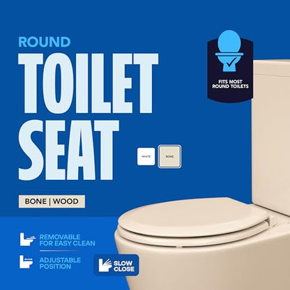HIGHCRAFT Premium Round Toilet Seat with Slow-Close Design, Adjustable Hinges & Quick Removal Mechanism - Molded Wood Toilet Seat - Fits Standard Round Toilets - Toilet Seat in Bone/Beige - color: Bone, size: Round