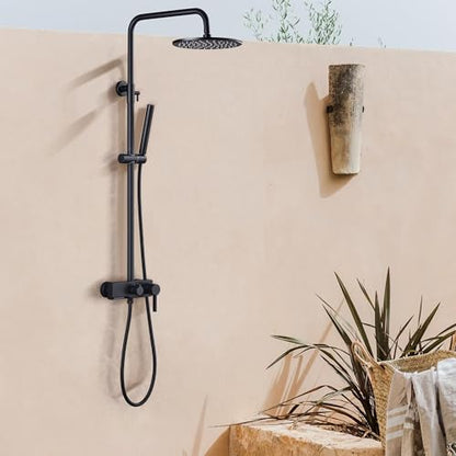 Matte Black Exposed Shower System with 2 Modes HandHeld,3 Functions Tub Shower Faucet Sets with Brass Valve, Shower Fixture with 10 Inches Rainfull Shower Head,Shower Height Adjustable - color: B- Matte Black with Round Shower Head