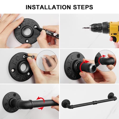 5-Pieces Industrial Pipe Bathroom Accessories Hardware Kit DIY Wall Mounted Includes Towel Bar Robe Hooks Toilet Paper Holder and Towel Ring (Black, 18 Inch)