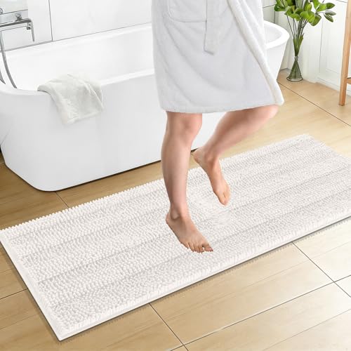 OLANLY Thick Bathroom Runner Rugs 59x20, Chenille Long Bath Rugs, Ivory | Soft Absorbent Striped, Rubber Backing, Machine Wash, Bath Mats for Bathroom Floor, Tub and Shower, Home Decor Accessories - color: Ivory, size: 59" X 20"