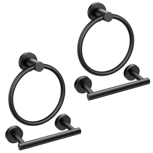 FORIOUS Toilet Paper Holder and Towel Ring Set, Bathroom Accessories Set | Matte Black | Double Post Pivoting Toilet Paper Holder Wall Mounted and Towel Ring 2 Pack | SUS304 Stainless Steel | Round - color: Matte Black, size: Classic 2 Pack