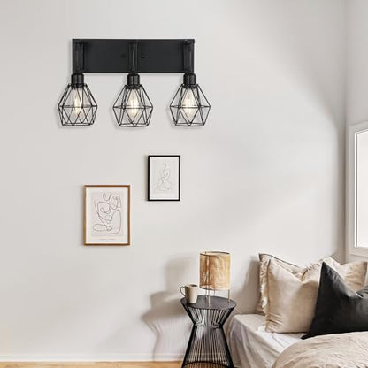 Somniferous Farmhouse Bathroom Light Fixtures, 3 Light Bathroom Vanity Lights Over Mirror, Black Vanity Light with Caged Metal Shade, Rustic Wall Sconce for Bedroom, Living Room, Hallway, E26 Socket - size: 3-Light