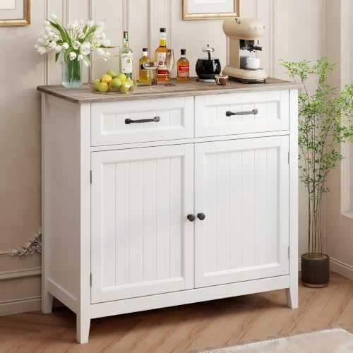 Gizoon Kitchen Sideboard Buffet Cabinet, 32'' H Large Kitchen Storage Island and Adjustable Shelf, Modern Coffee Bar Console Cabinet for Dining Room, Bathroom, Entryway, Grey | 32"H, Large Storage Island, Fits Dining Room/Bathroom/Entryway, Modern Console