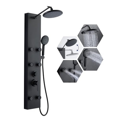 ROVATE Shower Panel Tower System with Adjustable 6 Body Jets, Matte Black | Stainless Steel Shower Column with Height Adjustable Shower Arm, Self-Cleaning Rainfall Shower & Handheld, Rough-in Valve - color: Matte Black, style: 3-Function