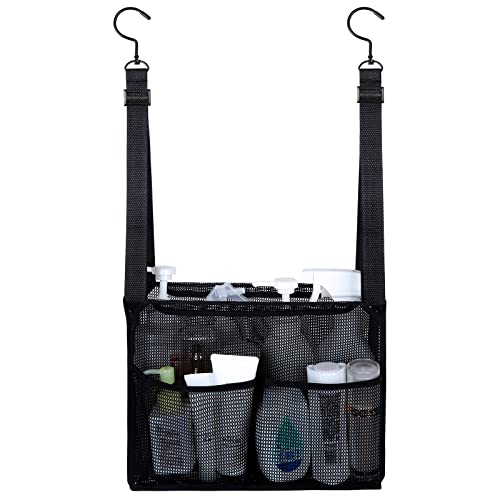 4 Storage Pockets Adjustable Hanging Mesh Bathroom Bag, Shower Caddy College with Hooks, Applied to College Dorm Rooms, Gym, Swimming and RV Travel (Black) - color: Black
