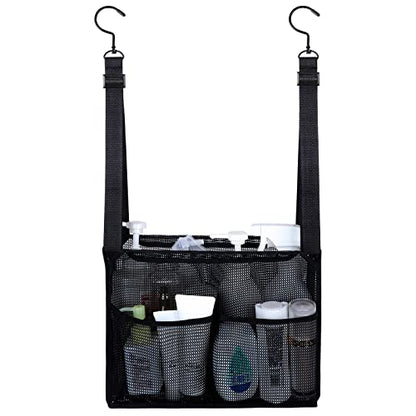 4 Storage Pockets Adjustable Hanging Mesh Bathroom Bag, Shower Caddy College with Hooks, Applied to College Dorm Rooms, Gym, Swimming and RV Travel (Black) - color: Black