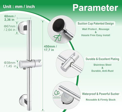 Upgraded 17.7 Inch Shower Slide Bar w/ Waterproof Suction Cup,SUS Metal Bar Heavy Duty, Removable & Adjustable Handheld Shower Head,Wall Mount Drill-Free Install No Tool,Bathroom Wall Protect - color: Chrome Polish