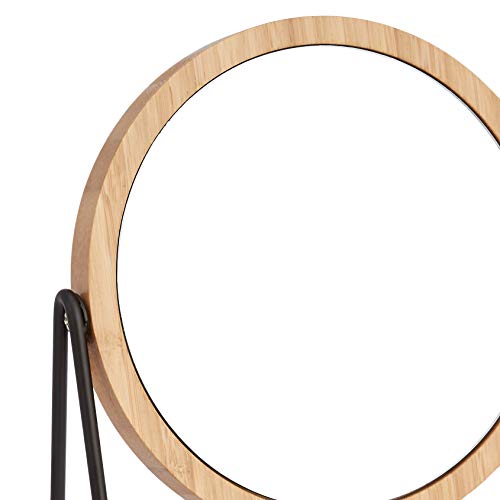 Amazon Basics Vanity Round Tabletop Mirror with Bamboo Rim, Double Sided Magnifying, 360° Rotation, Black, 7.2"L x 2.87"W - size: 7.2"L x 2.9"W, style: Bamboo Rim Without Base
