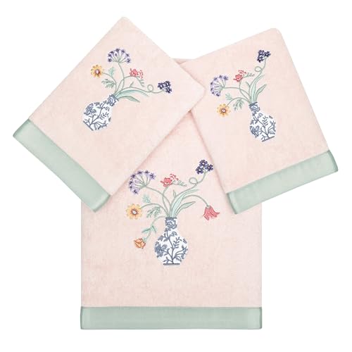Floret 3-Piece Towel Set, Applique Flower & Vase Design, 100% Turkish Cotton, Ultra Absorbent & Soft, Cottage Style Decor, 1 Bath 2 Hand Towels, Blush - color: Blush, size: 1 Pc Bath 2 Pcs Hand Towel