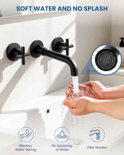 Airuida Solid Brass Matte Black Wall Mount Bathroom Faucet | 360° Swivel Spout,Rough in Valve,2 Cross Handle,3 Hole,Widespread - color: Matte Black