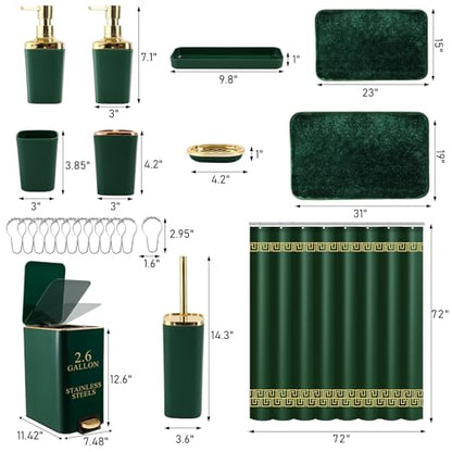 XLHOMO Bathroom Sets with Shower Curtain and Rugs Bathroom Accessories Set Hunter Green Bathroom Set,Soap Dispenser & Toilet Brush Holder Set with Stainless Steel Trash Can - size: Hunter Green, style: Bath Set+Shower Curtain+Bath Rugs