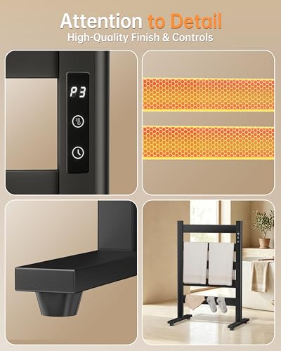 Towel Warmers for Bathroom, Space Aluminum Heated Towel Racks for Bathroom, with Built-in Timer&Temperature Adjustment, Freestanding Towel Heater，Black