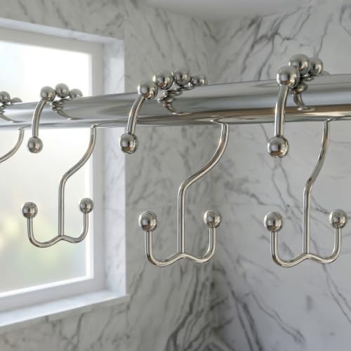 Bath Bliss 12pc Rolling Double Shower Curtain Hooks Chrome Color | Smooth Glide Rings | Anti-Drop Bathroom Rod Hangers - color: Chrome