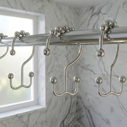 Bath Bliss 12pc Rolling Double Shower Curtain Hooks Chrome Color | Smooth Glide Rings | Anti-Drop Bathroom Rod Hangers - color: Chrome