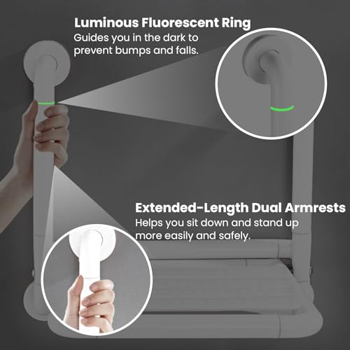 16-Inch Wall Mounted Shower Seats with Armrests, Space-Saving Foldable Shower Bench for Small Bathrooms, Safety Wall-Mounted Foldable Shower Chair with Reflective Strips, Holds up to 330 lbs