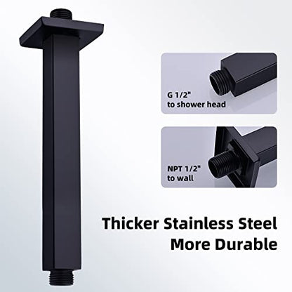 8 Inch Matte Black Square Ceiling Mount Shower Arm and Flange ﻿ | Stainless Steel Rain Straight Shower Head Extension Pipe - color: Matte Black, style: 8 Inches