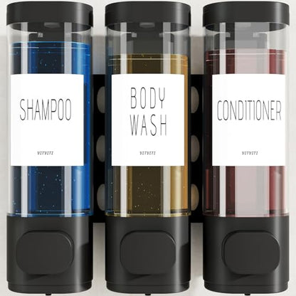 VITVITI Shampoo and Conditioner Dispenser for Shower Wall, Shower Soap Dispenser 3 Chamber No Drill Wall Mounted, 10.2 OZ Plastic Refillable Shower/Body Wash Bottles for Bathroom (Black) - color: Black