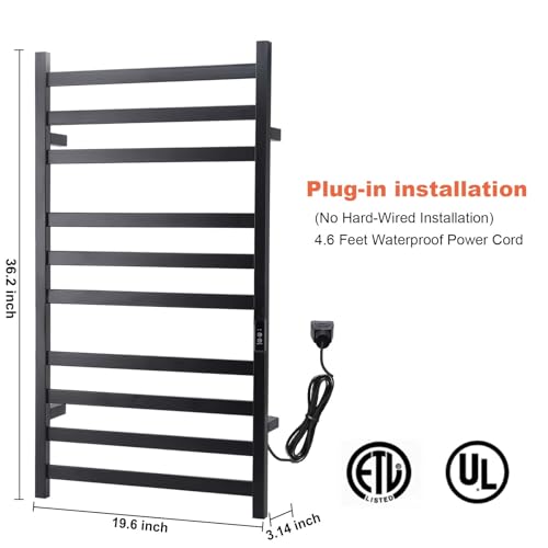Towel Warmer Heated Towel Rack-Bar - Nopwer Bathroom Wall Mounted Electric Towel Drying Matte Black 10 Bar Plug-in - color: 10 Bar