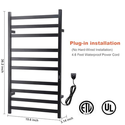Towel Warmer Heated Towel Rack-Bar - Nopwer Bathroom Wall Mounted Electric Towel Drying Matte Black 10 Bar Plug-in - color: 10 Bar