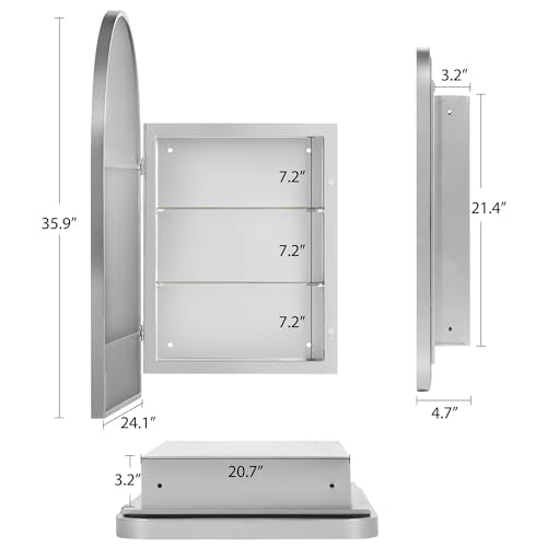 SogesHome 3-Tier Medicine Cabinet with Shelf, Home Storage Bathroom Wall-Mounted & Recessed Mirror Cabinet for Bathroom, Bedroom, (Arched,Silver) - color: Silver