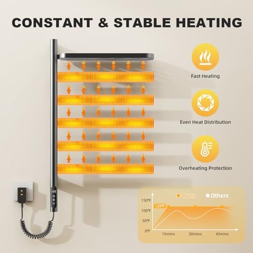Swivel Towel Rack with Storage Rack, Rotating Heated Towel Rack Wall Mounted Drying Rack,Stainless Steel Towel Warmer 5 Bars with Built-in Timer, 1h-9h,150w,Plug-in or Hardwired,Black - color: Black