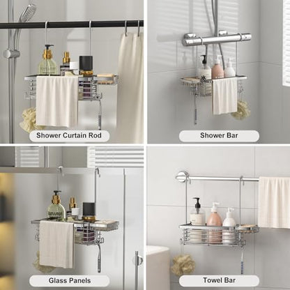 Hanging Shower Caddy, 304 Stainless Steel Shower Organizer with Towel Bar & Hooks, Over Shower Rod, Towel Bar or Glass Panel Storage Basket with Soap Holder, Rustproof Bathroom Caddy, 1 Pack - size: 1 Pack