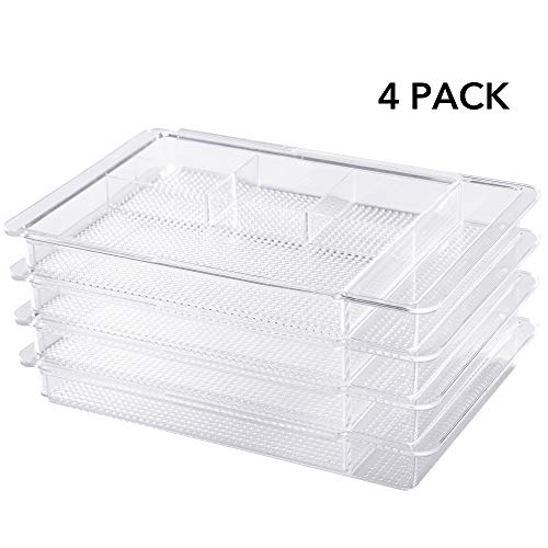 Oubonun Expandable Drawer Organizer 11.1” to 19.2” Width, Shallow Cosmetic Organizer 1.3” Height, 4 Packs, Clear Plastic Storage Trays for Dressing Table,Bathroom - style: Shallow 4 Packs