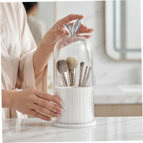 Covered Toothbrush Holders, Space-Saving Bathroom Organizer for Countertop, Dust-Free Vanity Storage for Makeup Brushes & Cosmetics, Ivory White Organizer Box