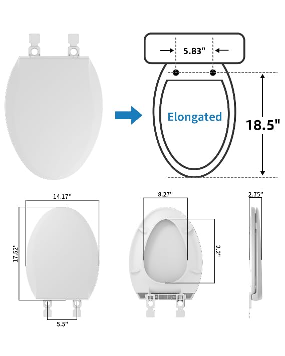 Hibbent Elongated Toilet Seat with Oval Cover, Soft Close Toilet Seat, Easy to Install,Never Loosen Hinge to Prevent Shifting, Non-slip Seat Bumpers and Easily Cleaning(White) - style: Standard Elongated 18.5"