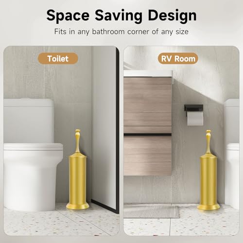 Brass Toilet Brush and Holder，Extra Long Handled Gold Toilet Brush for Bathroom，Stainless Steel Heavy Duty Toilet Bowl Brush,Deep Cleaning Modern Toilet Cleaner Brush -Space Saving, Covered Brush - color: Brass Gold
