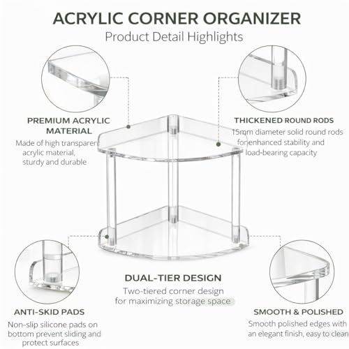 2 Tier Clear Acrylic Bathroom Corner Organizer, Countertop Vanity Tray for Makeup, Cosmetics, Perfume - Freestanding Storage Shelf for Bathroom, Bedroom, Kitchen