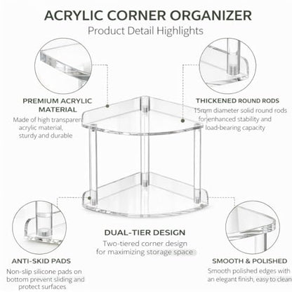 2 Tier Clear Acrylic Bathroom Corner Organizer, Countertop Vanity Tray for Makeup, Cosmetics, Perfume - Freestanding Storage Shelf for Bathroom, Bedroom, Kitchen