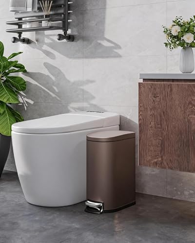 IDEALHOUSE 2.6 Gal/10L Slim Garbage Can for Bathroom with Lid, Brown | Stainless Steel Trash Bin for Small Space, Small Step-on Metal Waste Basket with Removable Inner Bucket, Soft Close - color: Brown