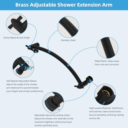 Hibbent All Metal 10'' Shower Head Extension Arm, Matte Black | Solid Brass Adjustable Shower Arm with Lock Joint, Flexible Height & Angle, Universal Connection Shower Head Extender - color: Matte Black, size: 10 Inch