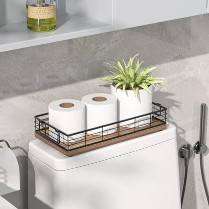 Toilet Paper Basket 2 Pack, 13 Inch Toilet Tank Basket with Handles, Acacia | 2PCS Bathroom Basket, Back of Toilet Basket, Toilet Tank Tray Toilet Organizer for Toilet Paper Storage Toiletries Essentials - color: Acacia & Black