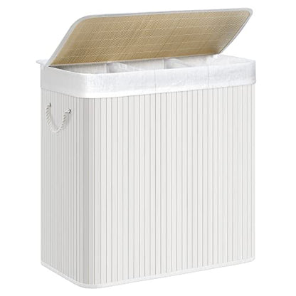 SONGMICS Laundry Hamper, 39.6 Gallons (150L), 3-Section Laundry Basket, Laundry Hamper with Lid, Bamboo, Foldable, Removable and Machine Washable Liner, for Laundry Room, Bedroom, White ULCB091W01 | Foldable Laundry Basket, Removable and Machine Washable