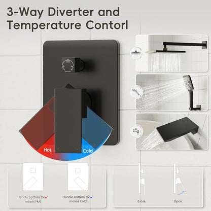 Gabrylly Shower System with Tub Spout, Wall Mounted Tub Shower Faucet Set for Bathroom with High Pressure 10" Rain Shower head and 3-Setting Handheld Shower Head Set,Matte Black - color: matte black 01