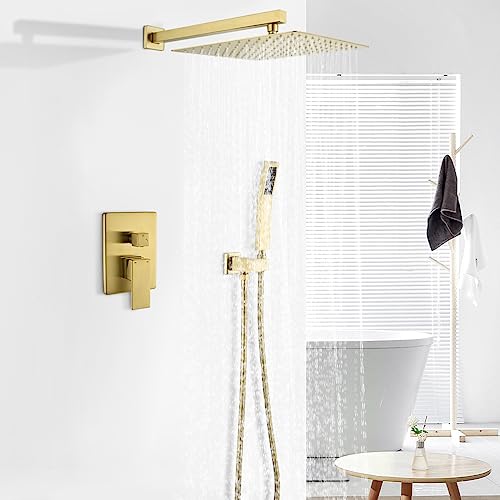 WELLFOR Brushed Gold 12" Wall Mounted Shower Faucet Set Single Handles, Dual Head Shower Faucet System with 2-way Diverter, Shower System with Handheld Spray, Rough in Valve, Hot Cold Water - color: Gold, style: Wall Mount 12-Inch