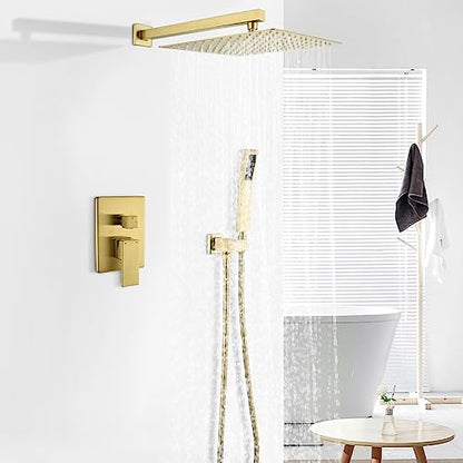 WELLFOR Brushed Gold 12" Wall Mounted Shower Faucet Set Single Handles, Dual Head Shower Faucet System with 2-way Diverter, Shower System with Handheld Spray, Rough in Valve, Hot Cold Water - color: Gold, style: Wall Mount 12-Inch